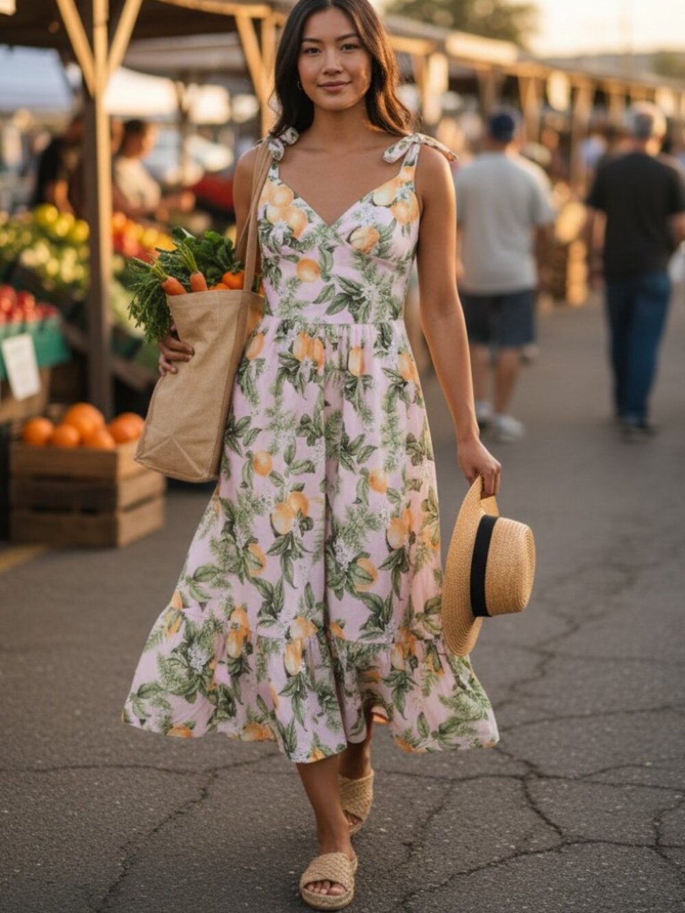 Aqua Citrus Print Tiered Midi Cotton Flowy Spring Summer Floral Dress Pink